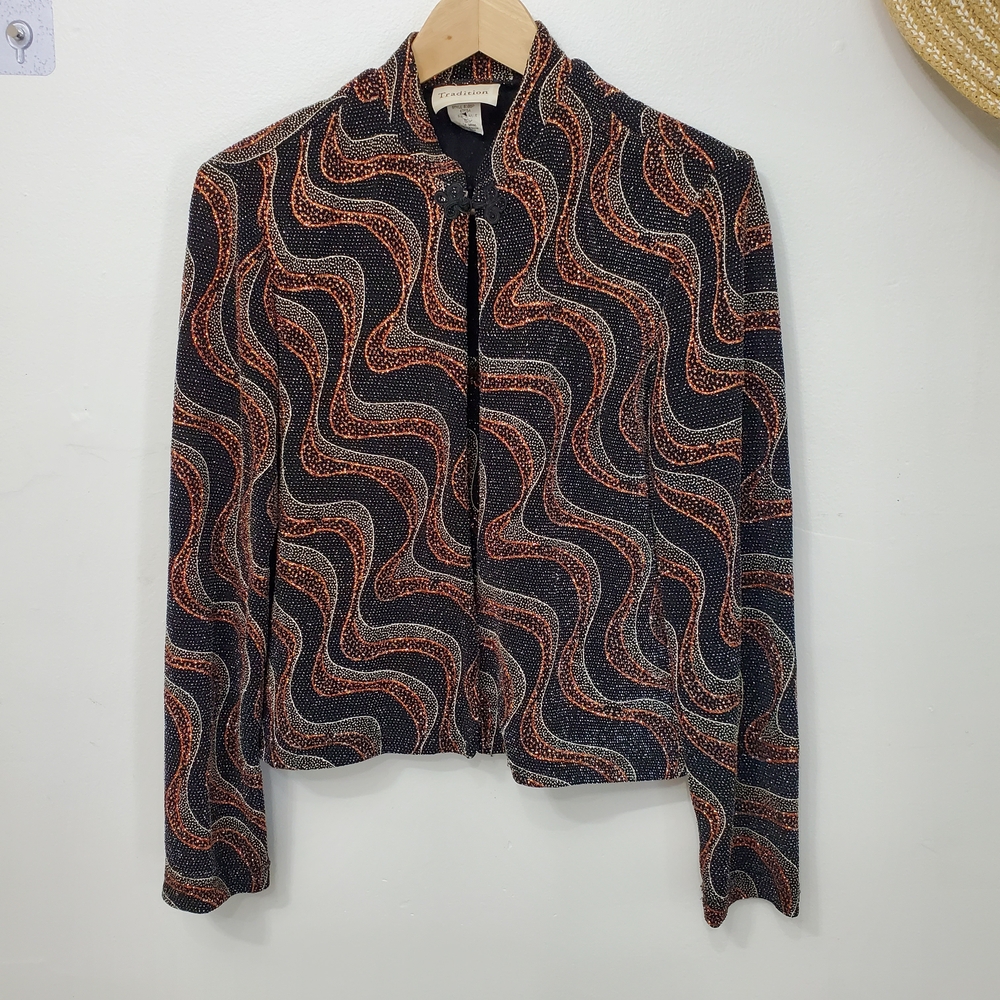Tradition| Chic Black and Brown Swirl Patterned Metallic 1pc Cardi With Camisole